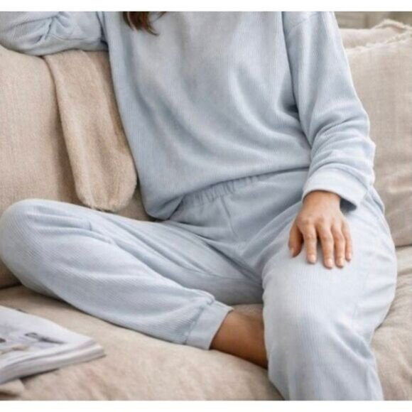 Yogalicious Pants - Yogalicious Asbury dreamy ribbed velvet plush lounge sleep pants light blue L